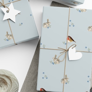 Frosted Bunnies and Robins Gift Wrap Papers / Woodland Animals Christmas Wrapping Paper / Christmas Robin Wrapping Paper / Woodland