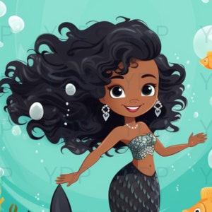 Black Mermaid PNG Underwater Mermaid Kids Mermaid Clipart Digital Black Girl Stickers Fashion Clipart Scrapbook Digital Planning Supplies