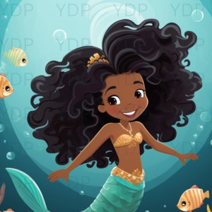 Black Mermaid PNG Underwater Mermaid Kids Mermaid Clipart Digital Black Girl Stickers Fashion Clipart Scrapbook Digital Planning Supplies