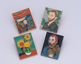 Van Gogh olieverfschilderij pinnen, zonnebloem pinnen, vintage broche, emaille broche pinnen, hoed pinnen, rugzak pinnen, badge collectie, cadeaus voor haar