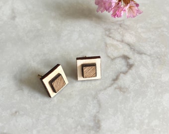 Wooden earrings - Walnut and Cherry - Square - Made in Quebec, Canada - Handcrafted - 1cm in diameter - Geometric - Scandinavian