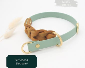 Marding collar, oiled leather, cognac-colored with BioThane®, 19 mm | Dog collar | Leather dog collar | Adjustable size | Various sizes & colors