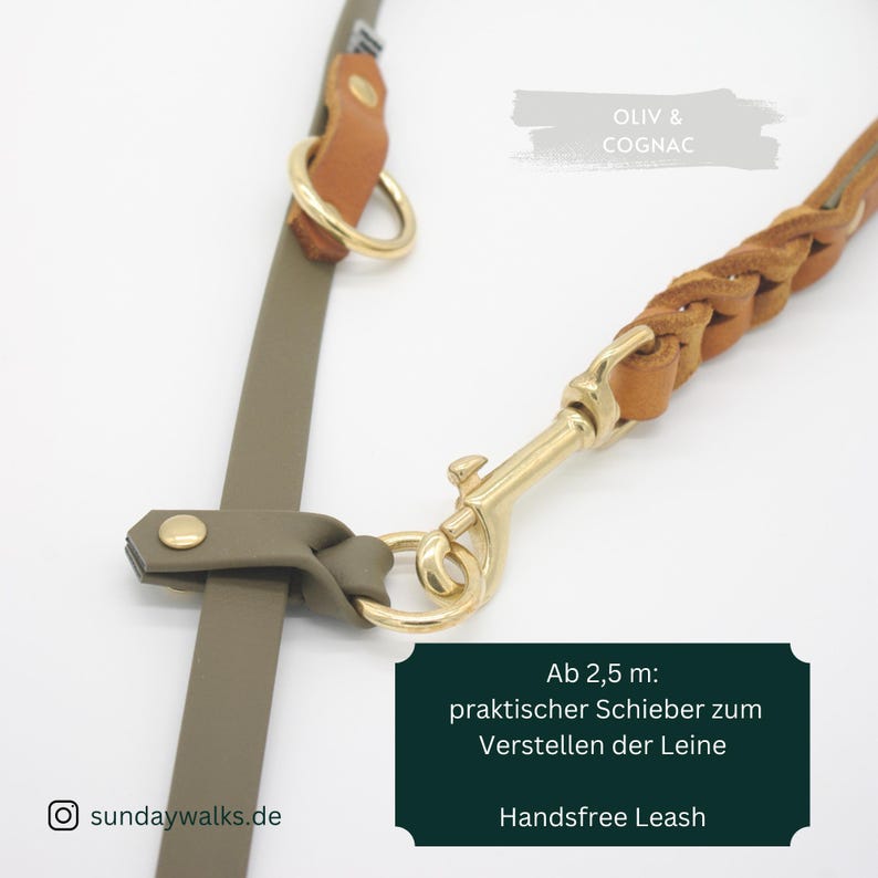 Cognac-colored, oiled leather Biothane® dog leash, 16 mm or 19 mm | Leather dog leash | Adjustable size | Various sizes & colors image 3