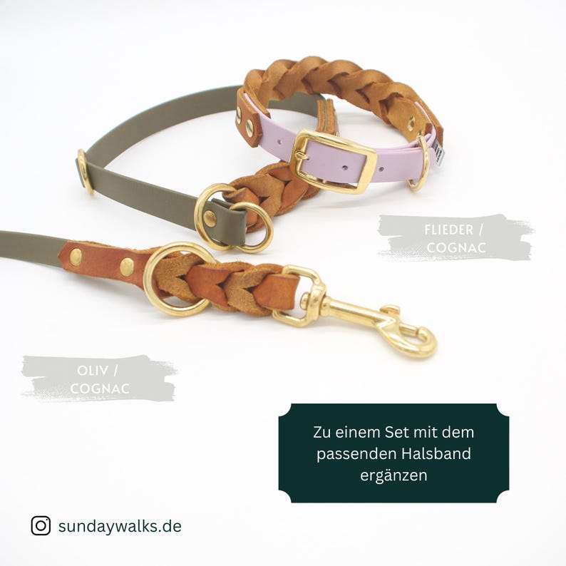 May include: A dog collar and leash set in olive green and cognac brown leather, with a braided leather accent. The set includes a matching lavender collar with a gold-colored buckle. The text on the image says "To a set with the matching collar".