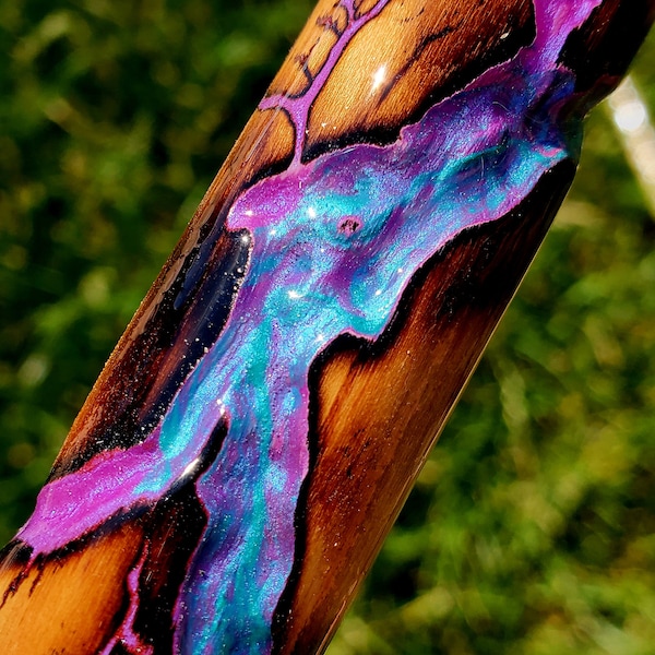 Walking stick , hiking stick, Hiking Staff,  Blue and Purple metallic mix , Fractal Burning, Epoxy resin