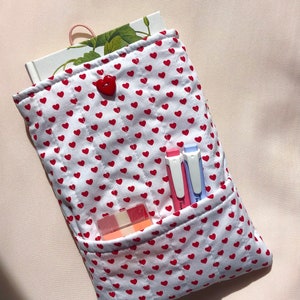 personalized book sleeve, book bag, book cover, book cover quilted with floral or cherry pattern, quilted pouch