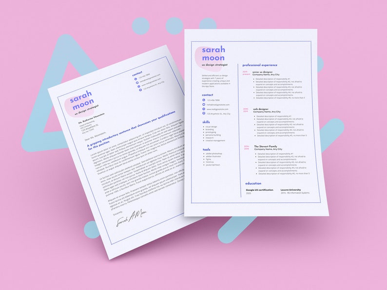 May include: A resume template with a purple and pink color scheme. The resume is for Sarah Moon, UI Design Strategist. The resume includes contact information, skills, tools, professional experience, and education.