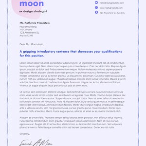 May include: A formal letter with a blue and pink design. The letter is addressed to Ms. Katherine Moonstein, Head of Marketing at XYZ Company. The letter is signed "Sarah Moon" and includes contact information for Sarah Moon, a UX design strategist.