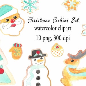 Op de afbeelding: Een set van 10 aquarel kerstkoekjes clipart afbeeldingen. De afbeeldingen omvatten een kerstboom, de kerstman, een sneeuwpop, een rendier, een sneeuwvlok, een want, een snoepstok en een ornament. De afbeeldingen zijn 300 dpi en perfect voor gebruik in digitaal scrapbooken, kaart maken en andere knutselprojecten.