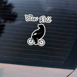 Slow Roll Bear on Bicycle Vinyl Bike Sticker, Cute Animal Cycling Decal, Fun Cartoon Bear on Bike, Unique Laptop Sticker