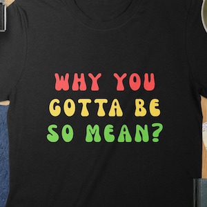 May include: Black t-shirt with the phrase "WHY YOU GOTTA BE SO MEAN?" in red, yellow, and green bubble letters. The shirt is displayed on a wooden surface with a camera, lens, and a bowl of kiwi.