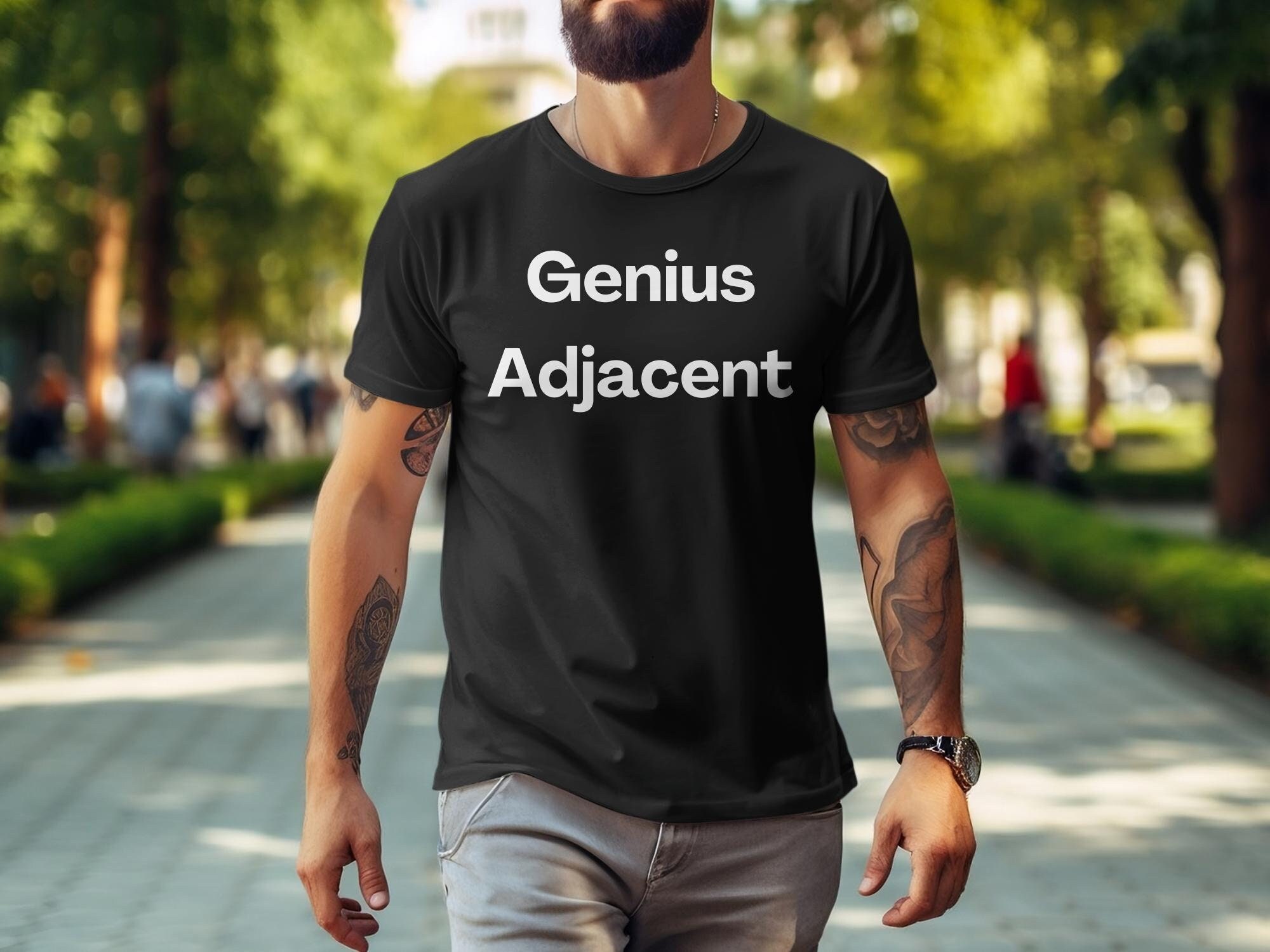 Genius Adjacent Shirt: Unisex Bold Text Tee, Unisex or Women's T-shirt, Black Glossy Mug