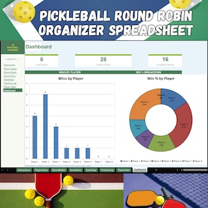 May include: A digital spreadsheet titled "Pickleball Round Robin Organizer Spreadsheet" with charts and graphs displaying game statistics. The image also shows pickleball paddles and balls, with the text "Dashboard" and navigation options.