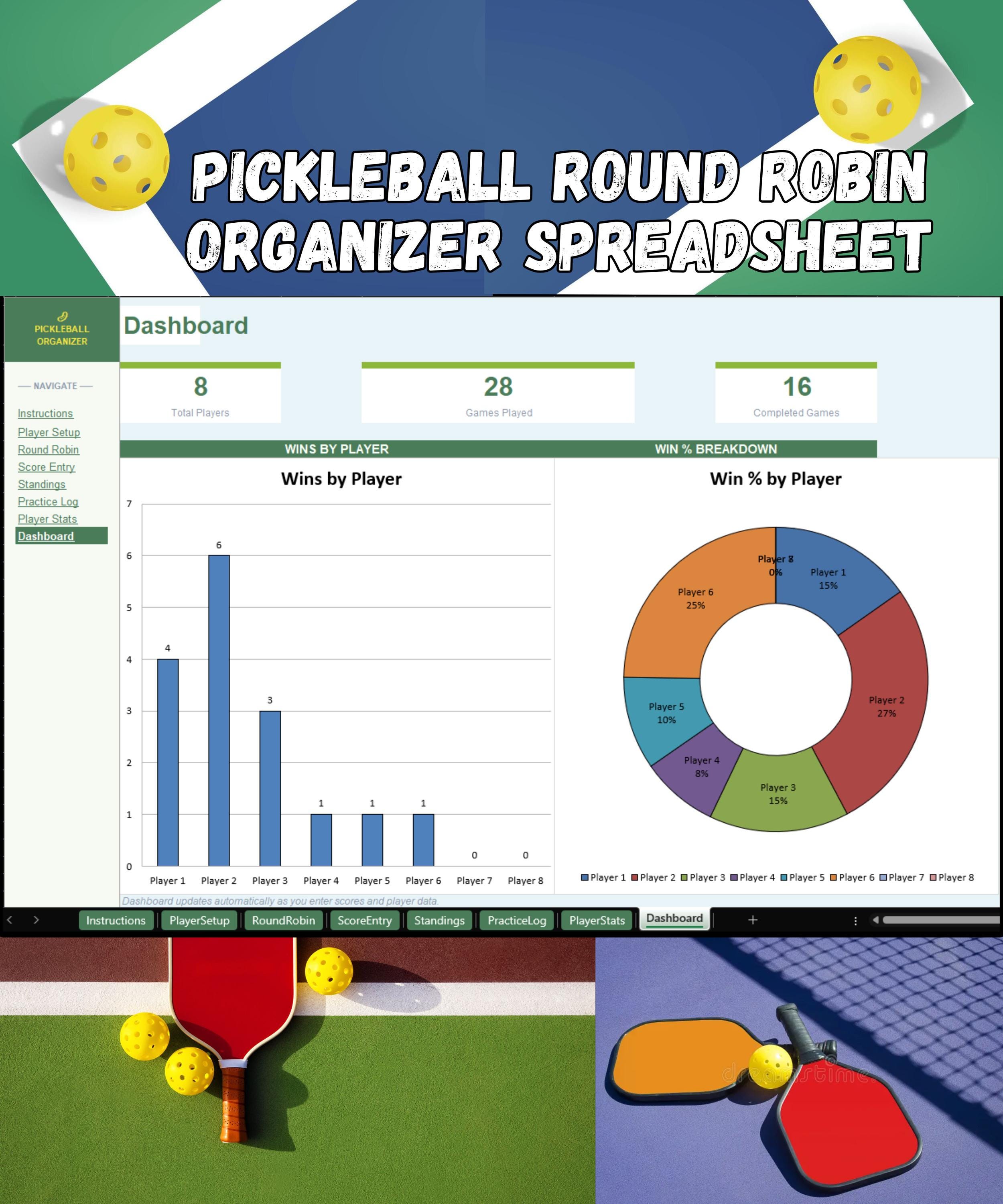 Pickleball Sheet: Round Robin Organizer — Excel Spreadsheet with Standings, Score Tracker & Dashboard - Digital Download