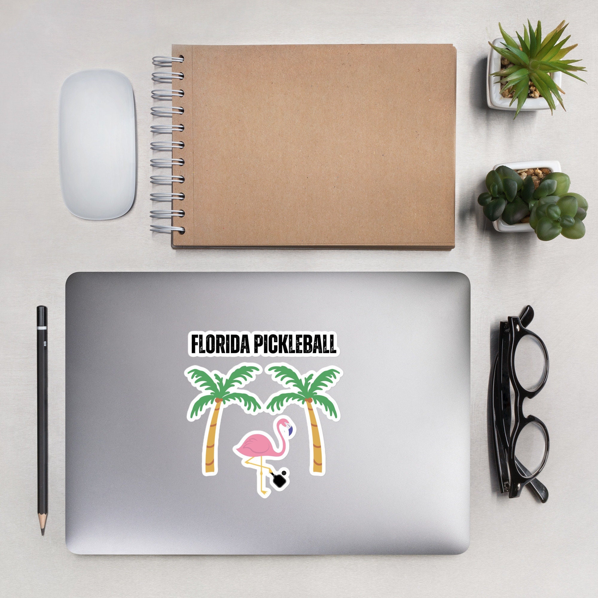 Florida Pickleball - Flamingo - Bubble-Free Sticker - Fun Pickle Ball Laptop, Bike, Car Sticker