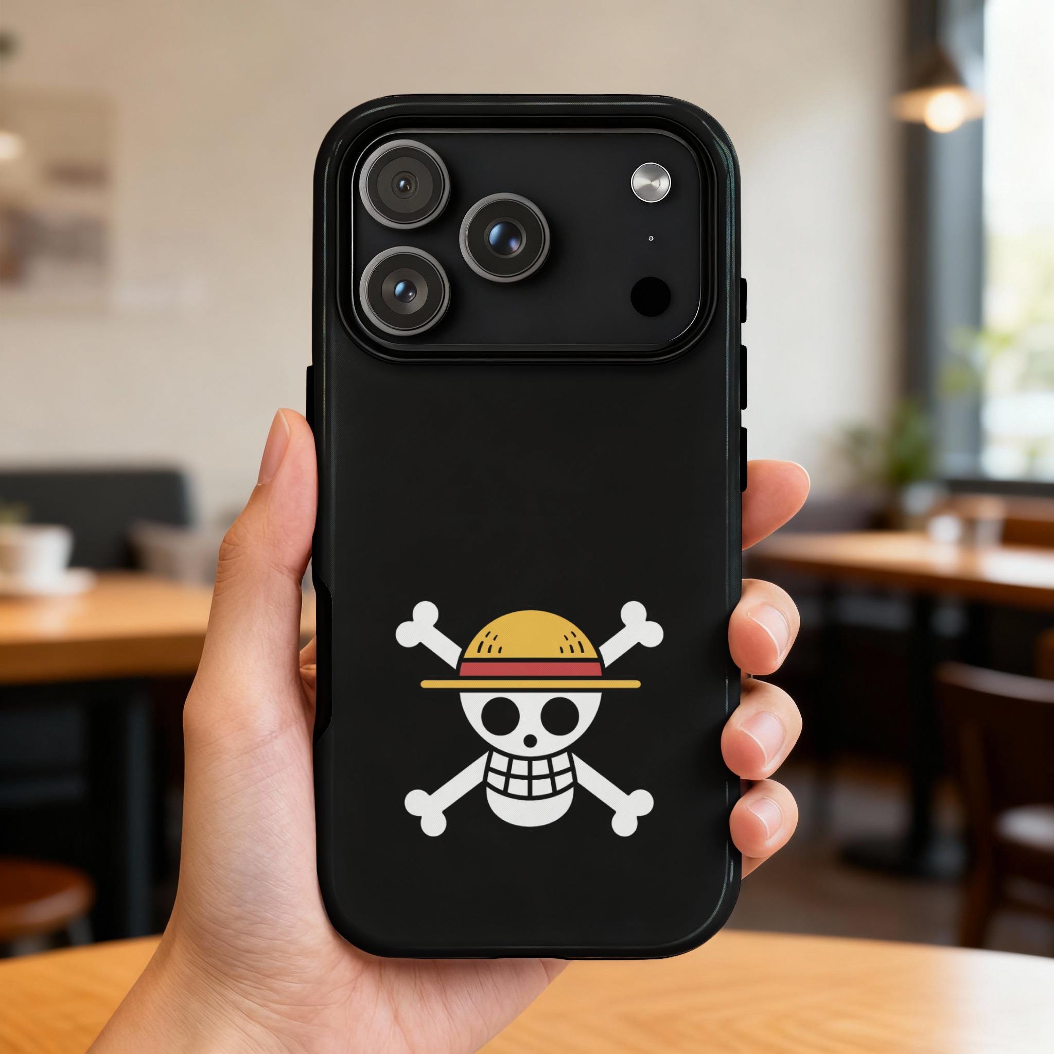 Jolly Roger Straw Hat Skull Phone Case: Anime Pirate Black Design
