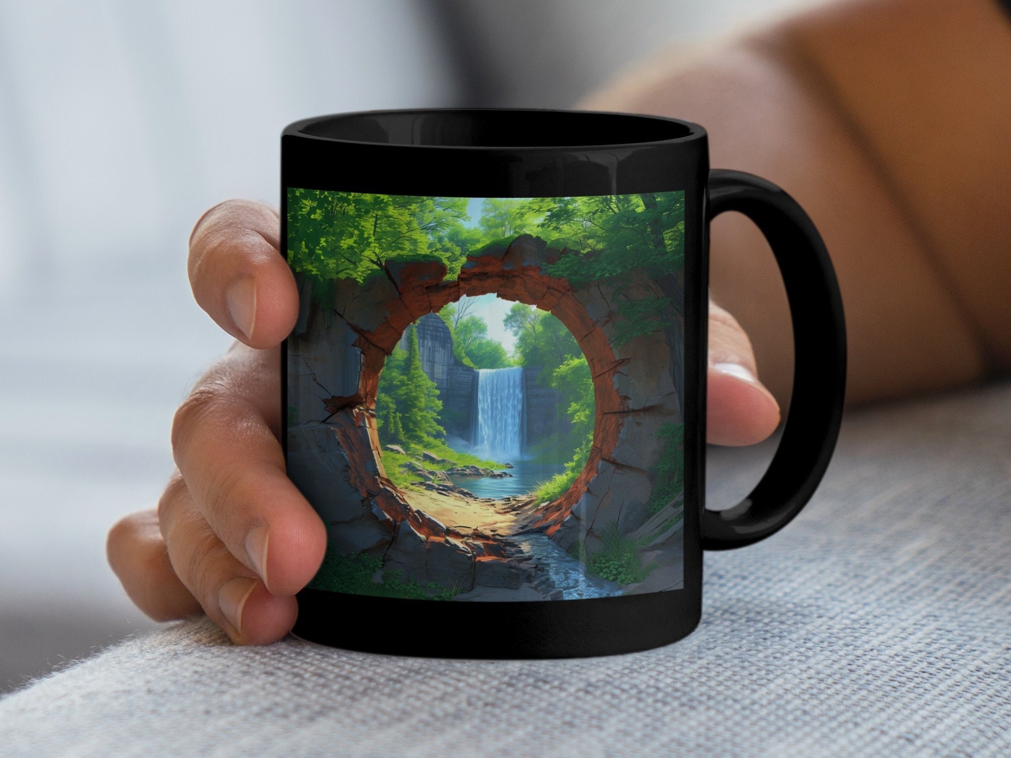 3D Waterfall View Through Natural Stone Archway Scenic Nature Art Coffee Mug