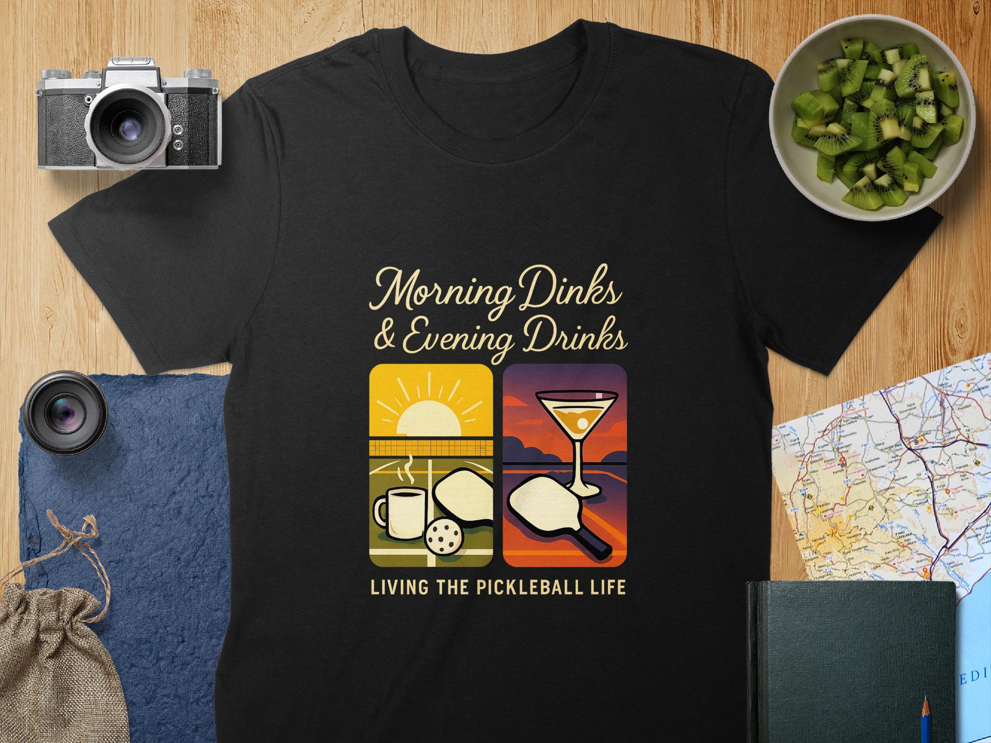 Pickleball Life T-Shirt: Morning Dinks & Evening Drinks Graphic Tee - Unisex or Women's Fit