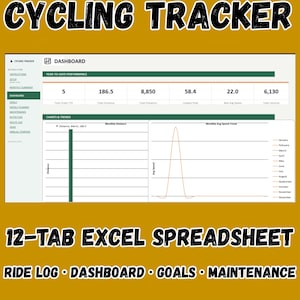May include: A digital cycling tracker spreadsheet with the title "CYCLING TRACKER" in bold, yellow text. The spreadsheet includes a dashboard with performance metrics, charts, and the text "12-TAB EXCEL SPREADSHEET".
