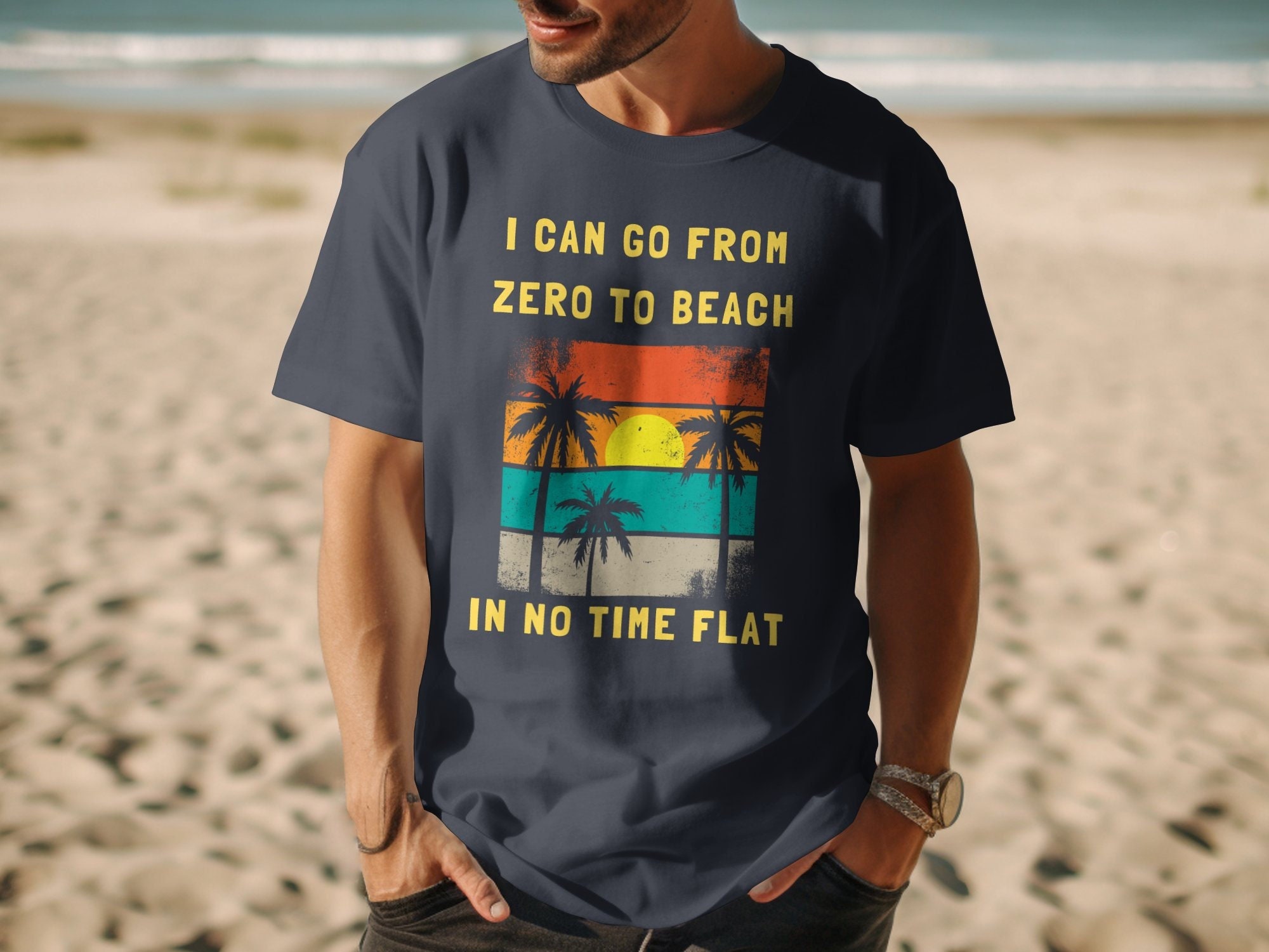 Beach Quote T-Shirt: Retro Sunset Palm Tree Graphic - Unisex or Women's Tee, Mug, Bag