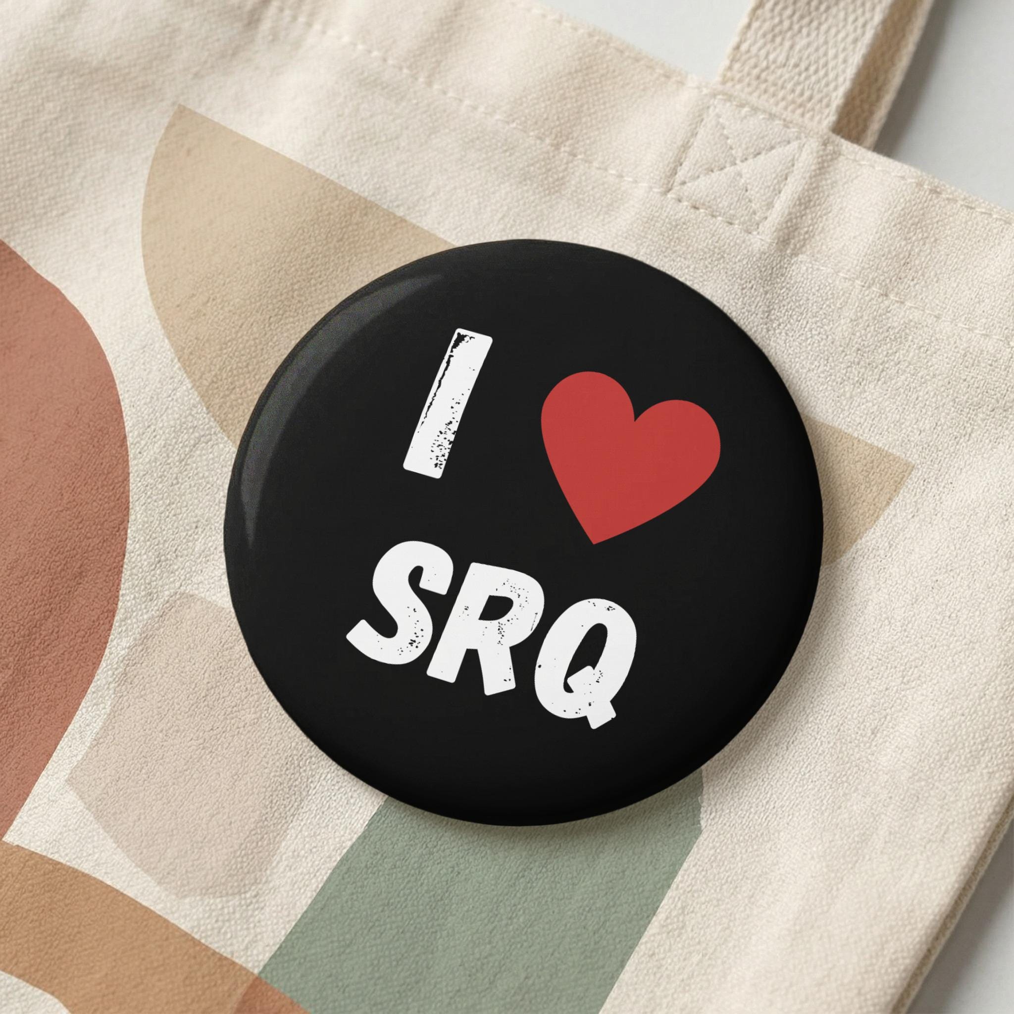 I Love SRQ Pin Button: Sarasota Florida, Red Heart Design