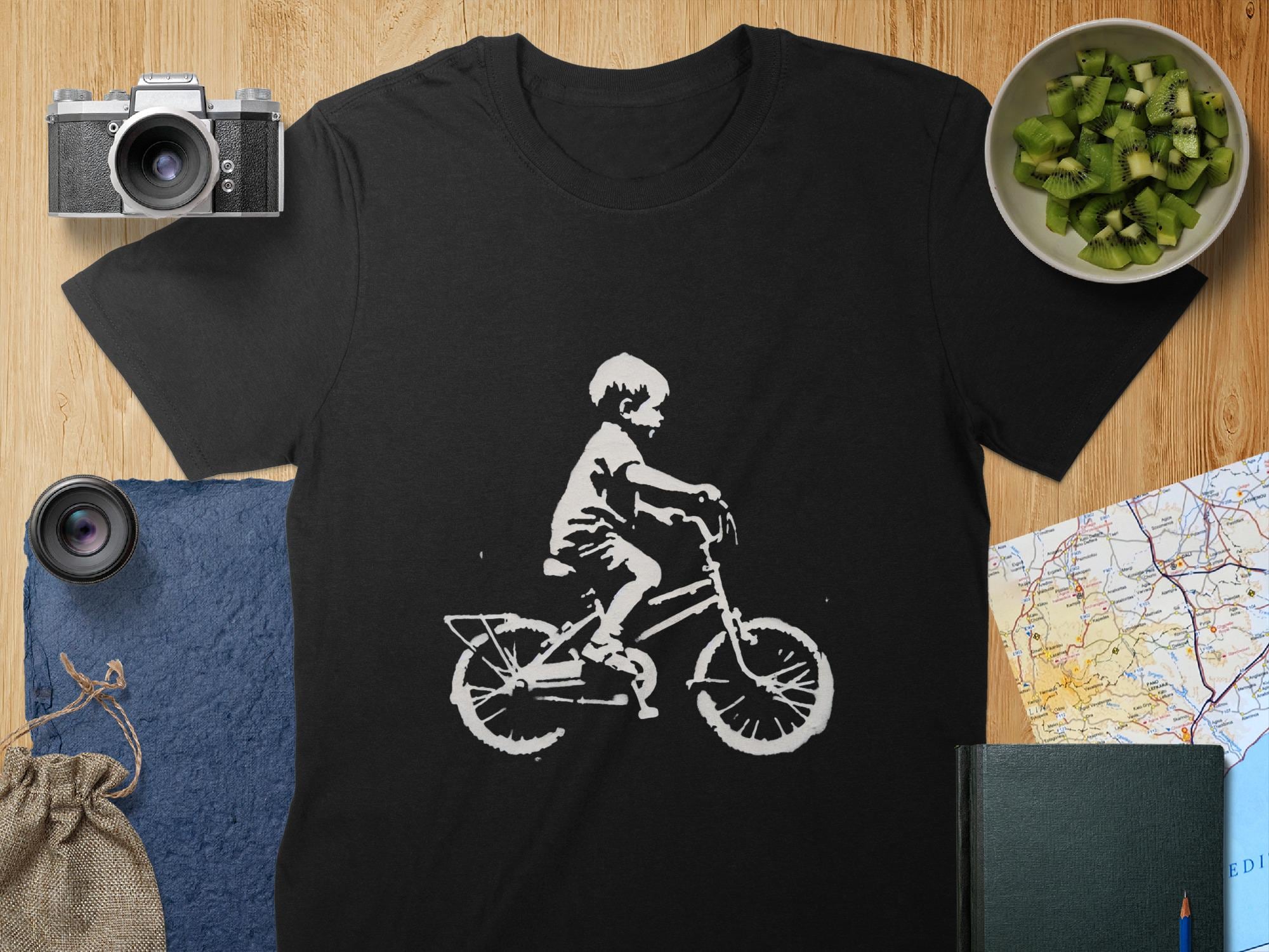 Banksy Style Cycling Tee: Minimalist Bicycle Art, Unisex or Women's Cotton Shirt