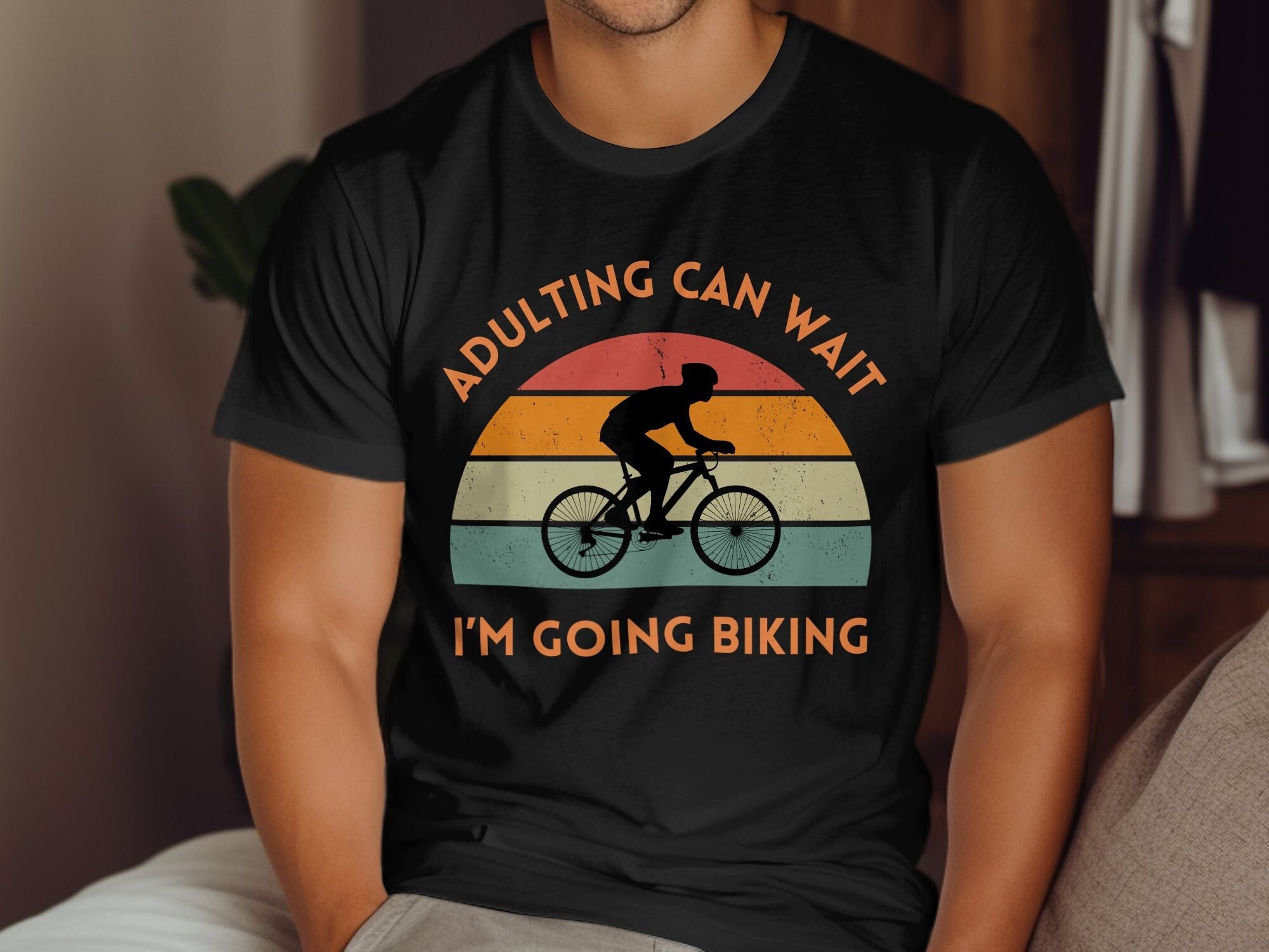 Adulting Can Wait Biking T-Shirt: Graphic Unisex or Women's Tee, Black Mug, Tote Bag