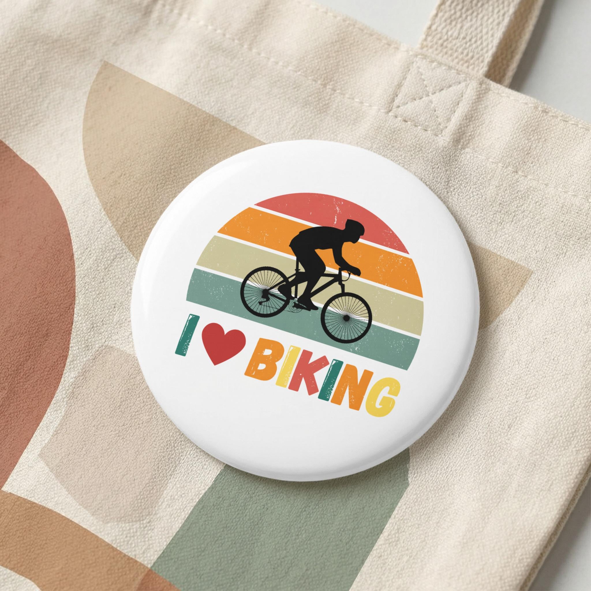 Retro Sunset I Love Biking Pin Button: Vintage Cyclist Silhouette