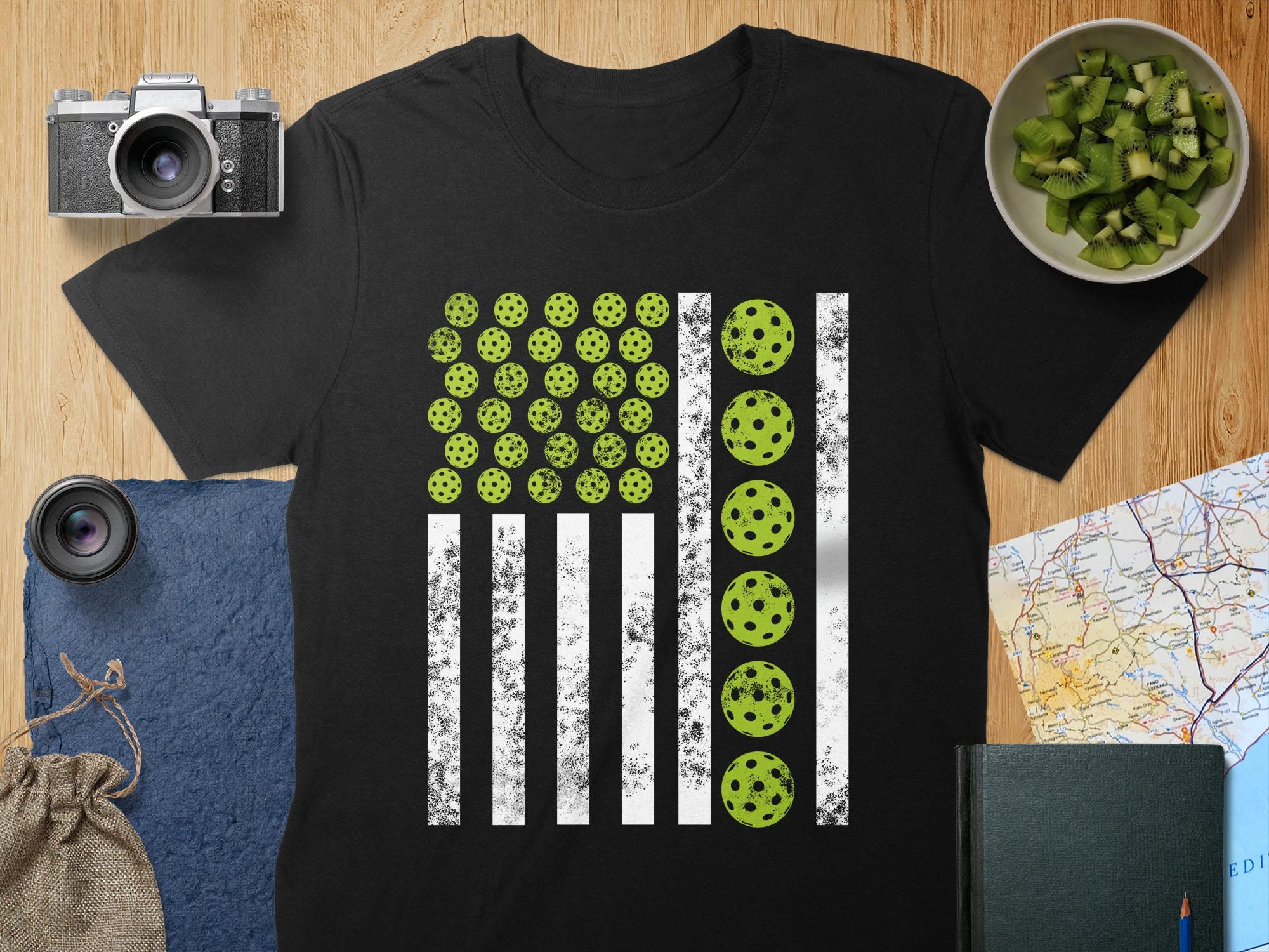Pickleball T-Shirt | Vertical USA Flag Design Made of Pickleball Balls, Cotton Tee