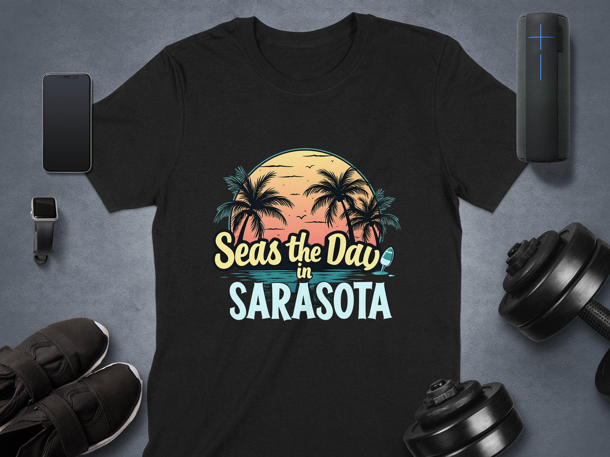Sarasota Sunset T-Shirt: Seas the Day, Beach Vibes, Mug, Tote
