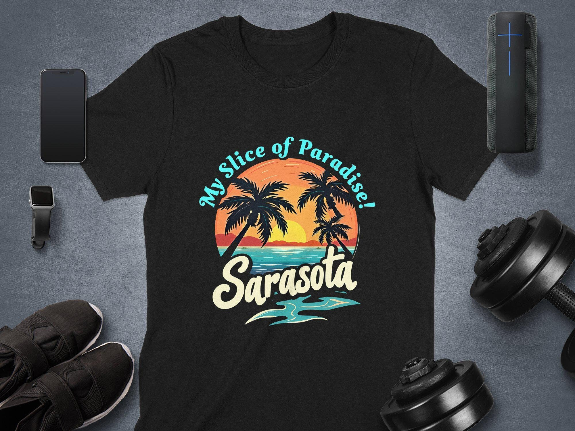 Sarasota T-shirt: Women's Relaxed Fit, Tropical Beach Design, Mug, Tote, Sweatshirt, Hoodie