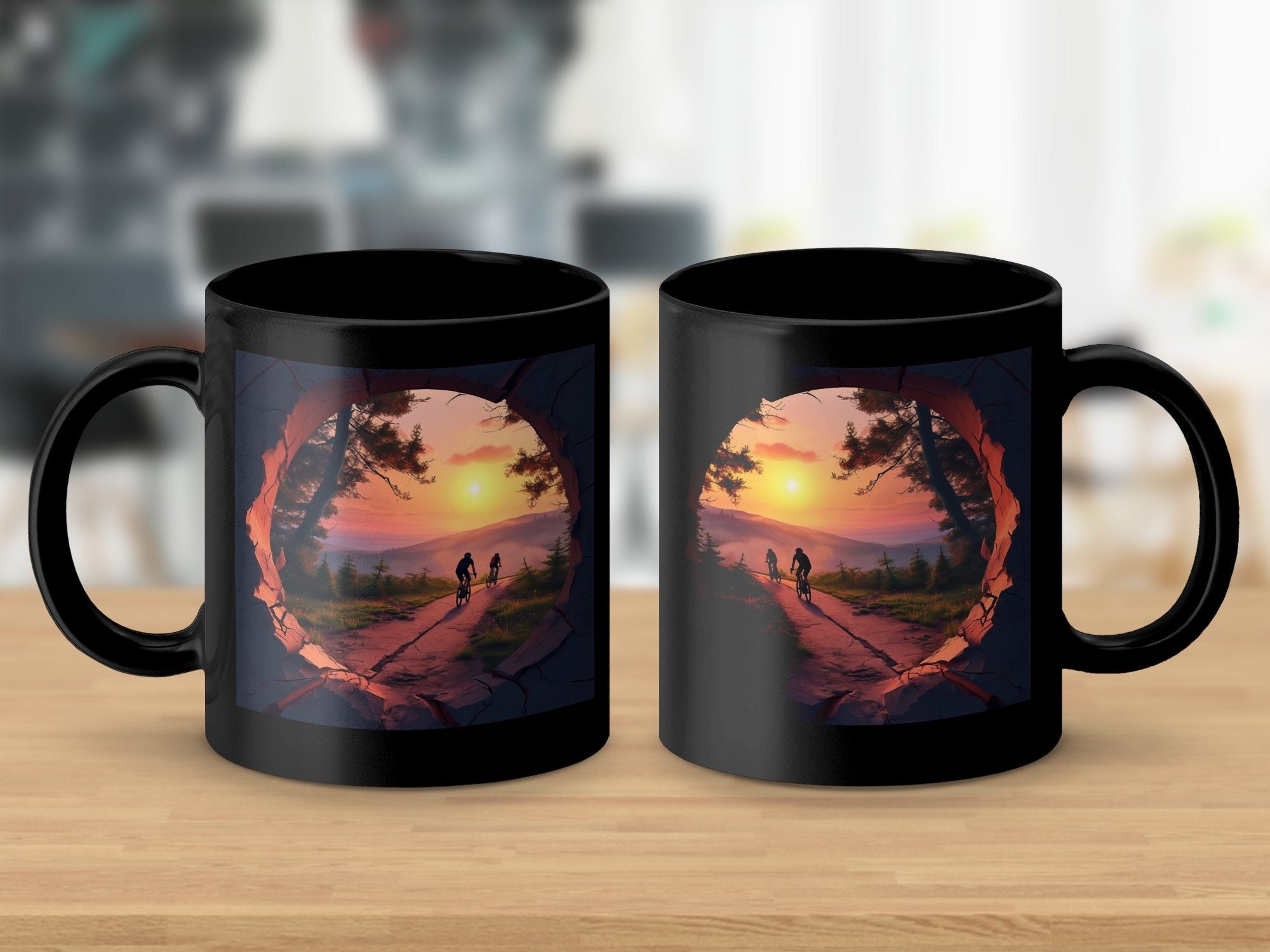 Sunset Cycling Couples Coffee Mug: 3D Forest Trail Design