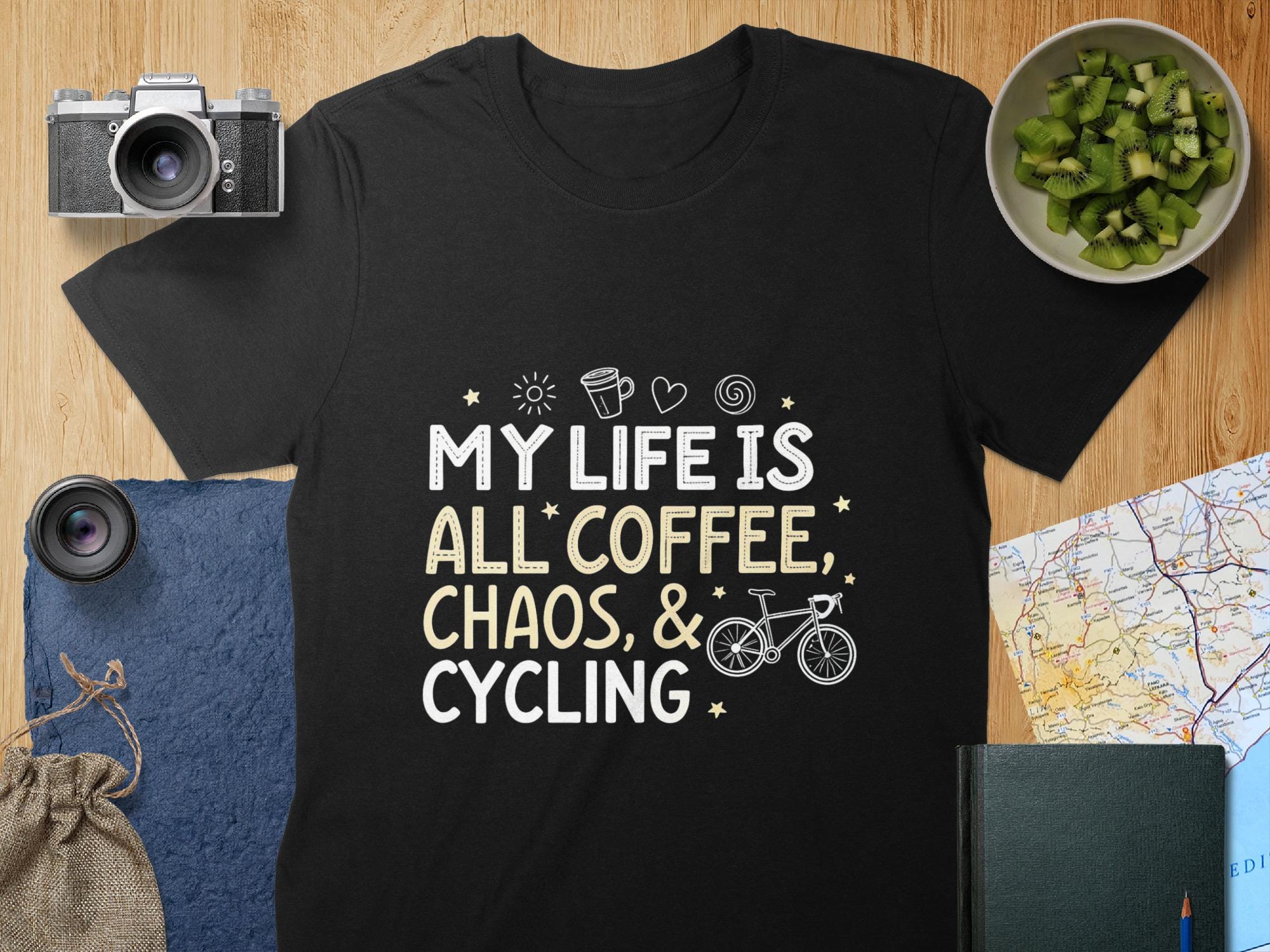 Coffee Chaos Cycling T-Shirt: Funny Bike Lover Gift - Unisex or Women's Tee, Mug