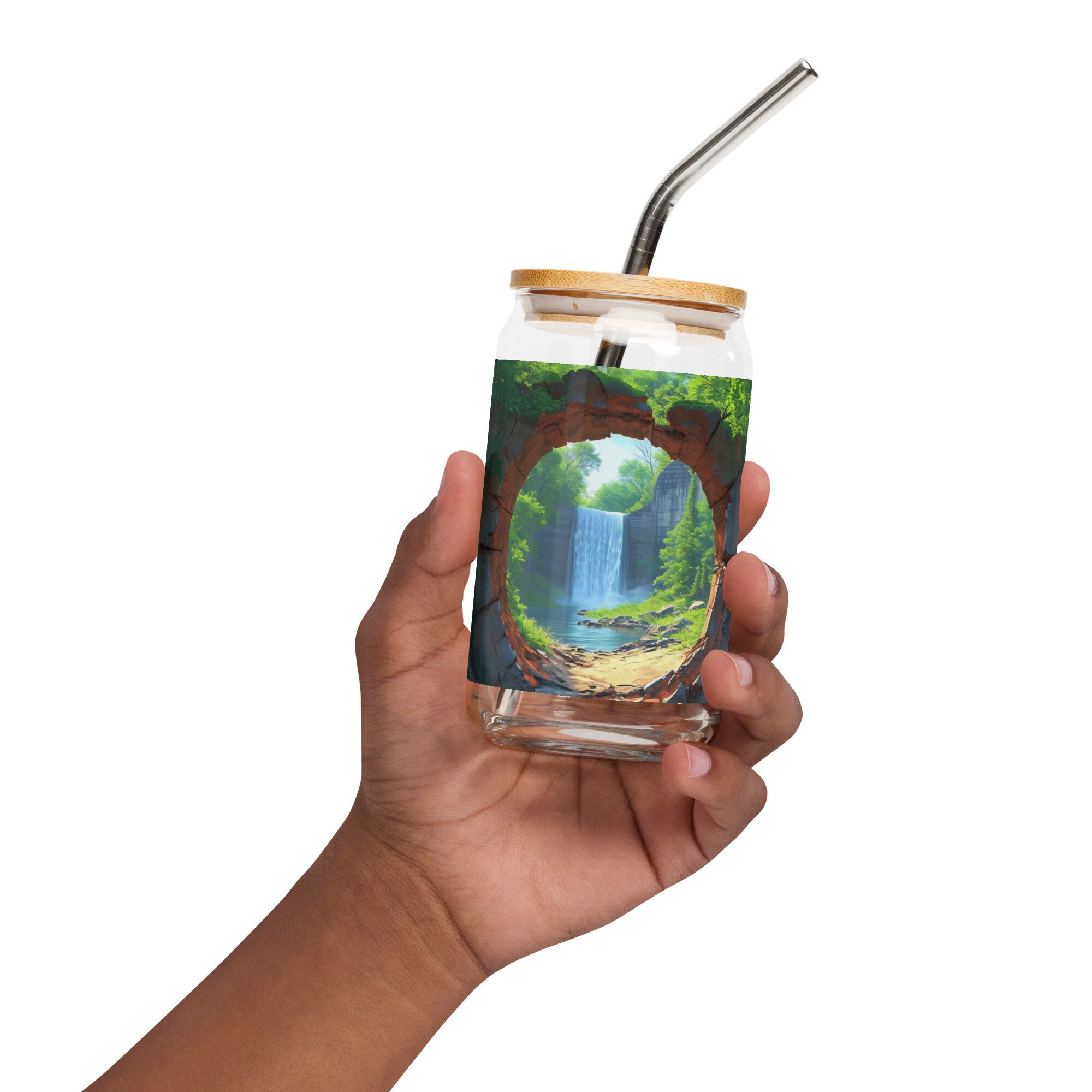Waterfall Glass Can: 3D Forest Landscape Art (16 oz)