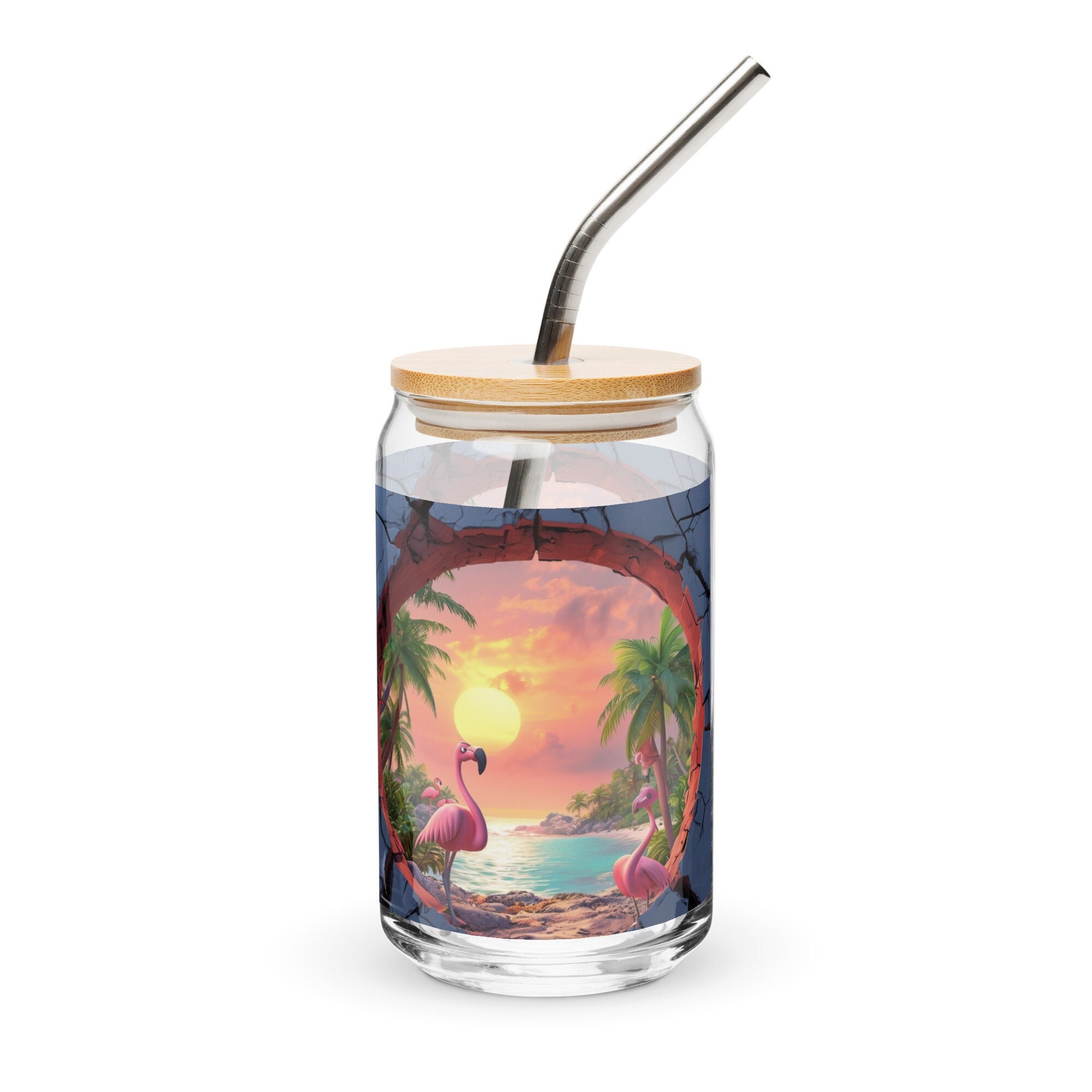 Tropical Flamingo Sunset Glass Can: Beach Vibes Drinkware