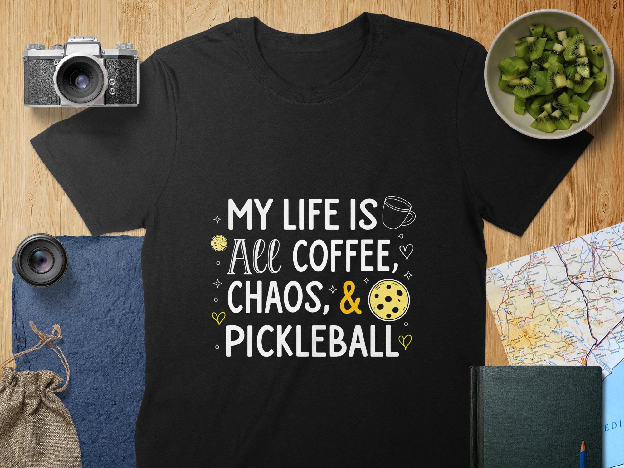 Coffee, Chaos, & Pickleball T-Shirt, Mug, Funny Life Design, Novelty Gift, Unisex, Women's, Black Glossy Mug, Coffee Lover, Sport