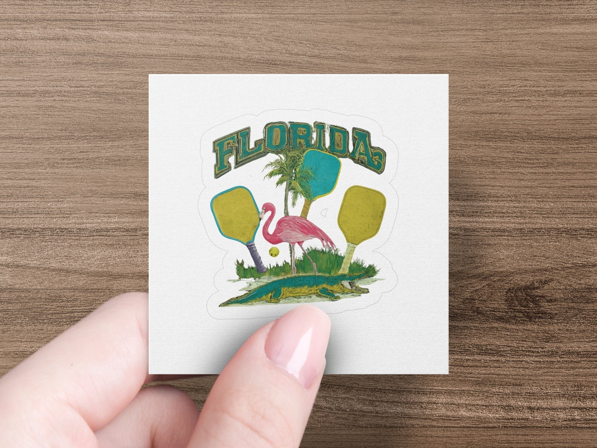 Vintage Florida Pickleball Sticker - Retro Sunshine State Decal, Alligator & Flamingo Design | Unique Souvenir Gift