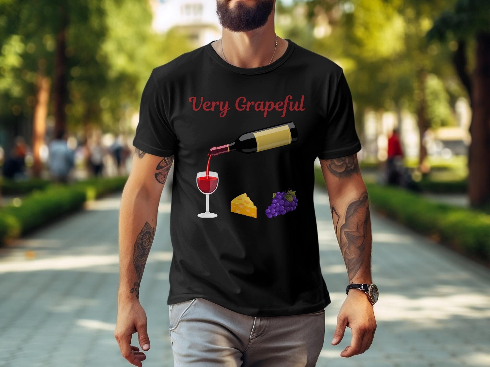 Funny Wine Lover T-Shirt: Very Grapeful Pun, Wine & Cheese Print - Unisex or Women's Tee