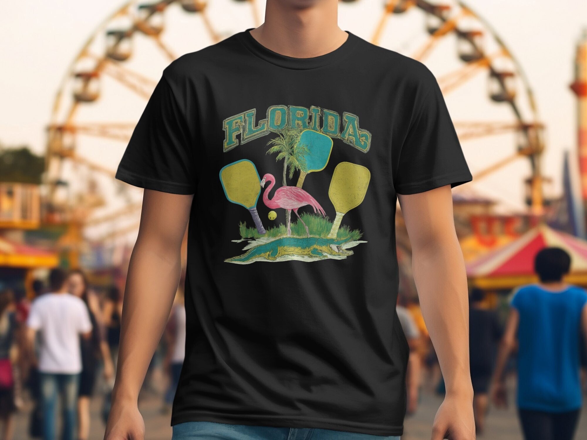 Vintage Florida Pickleball T-Shirt: Flamingo Alligator Souvenir, Unisex or Women's Tee, Mug, Tote Bag