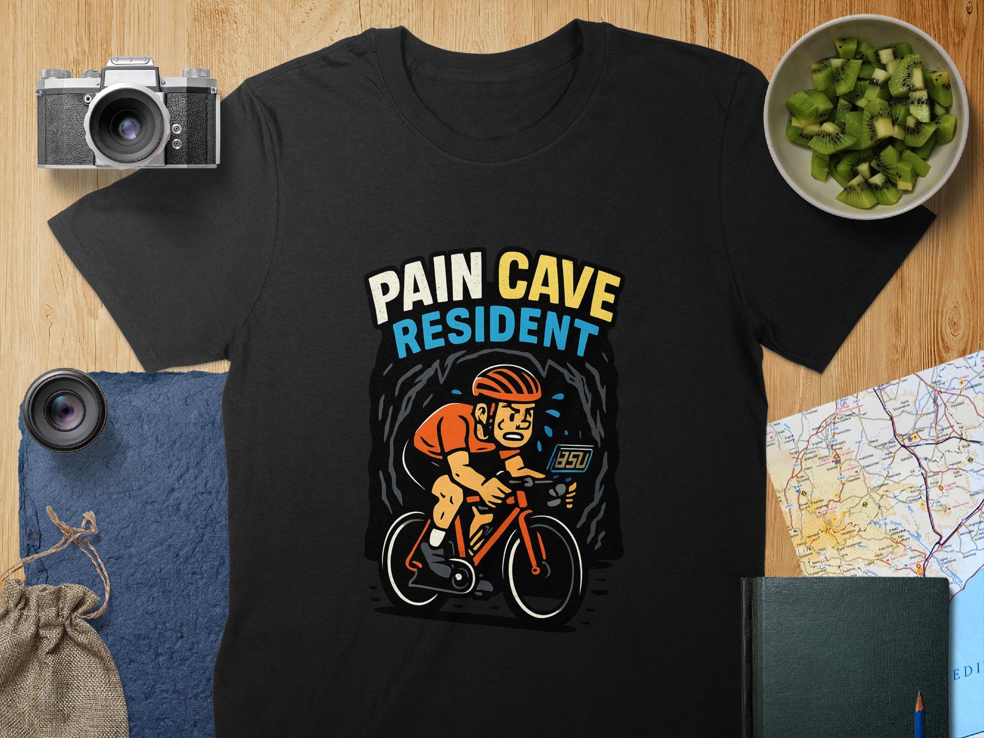 Pain Cave Resident Cycling T-Shirt: Funny Biker Gift for Athletes - Unisex or Women's Tee