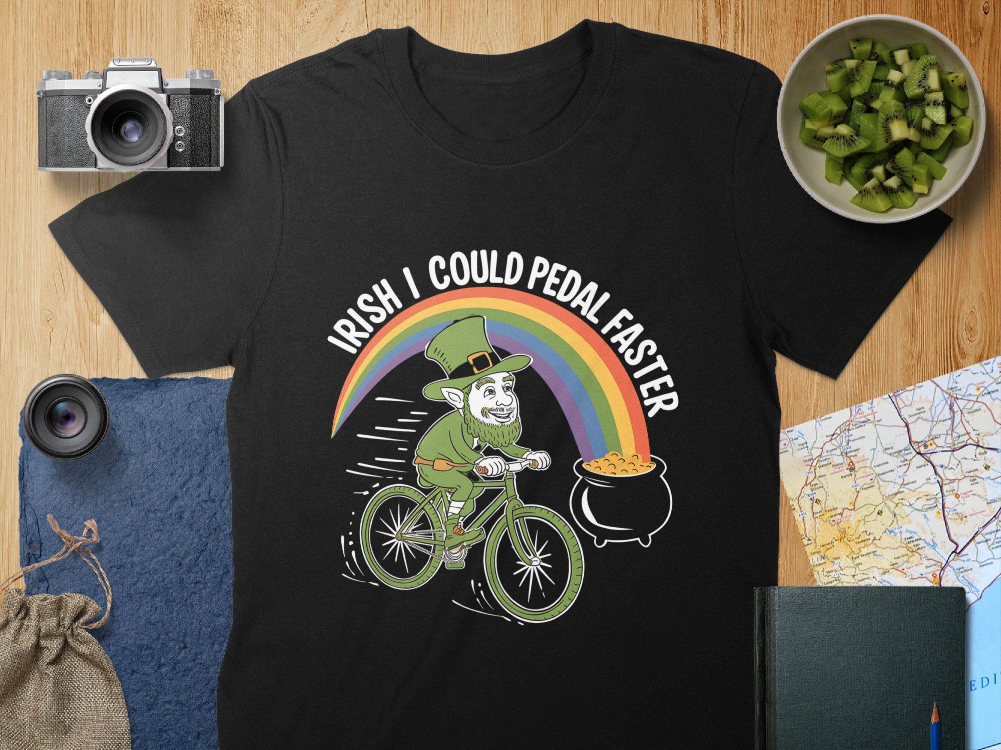 Lucky Leprechaun Cycling T-Shirt, Irish I Could Pedal Faster Tee, St. Patrick's Day Shirt, Funny Biking Leprechaun, Rainbow Bicycle Graphic