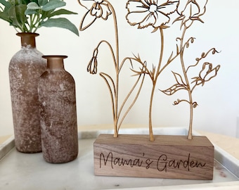 Wood Birth Flower Garden - Flower Decoration - Gifts for Mom - Custom Wood Gifts - Walnut Wood Art - Mother's Day Gift - Gifts for Her