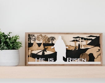 Easter Nativity Shadow Box - He Is Risen Wood Display - Christian Art for Home - Passover Art