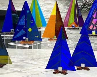 NEW Mid Century Modern Fused Glass Charlie Brown 8'' Christmas Trees Retro Art