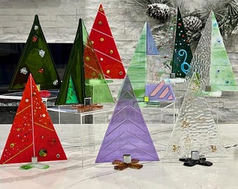 NEW Mid Century Modern Fused Glass Charlie Brown 8'' Christmas Trees Holiday Art Gift Decor