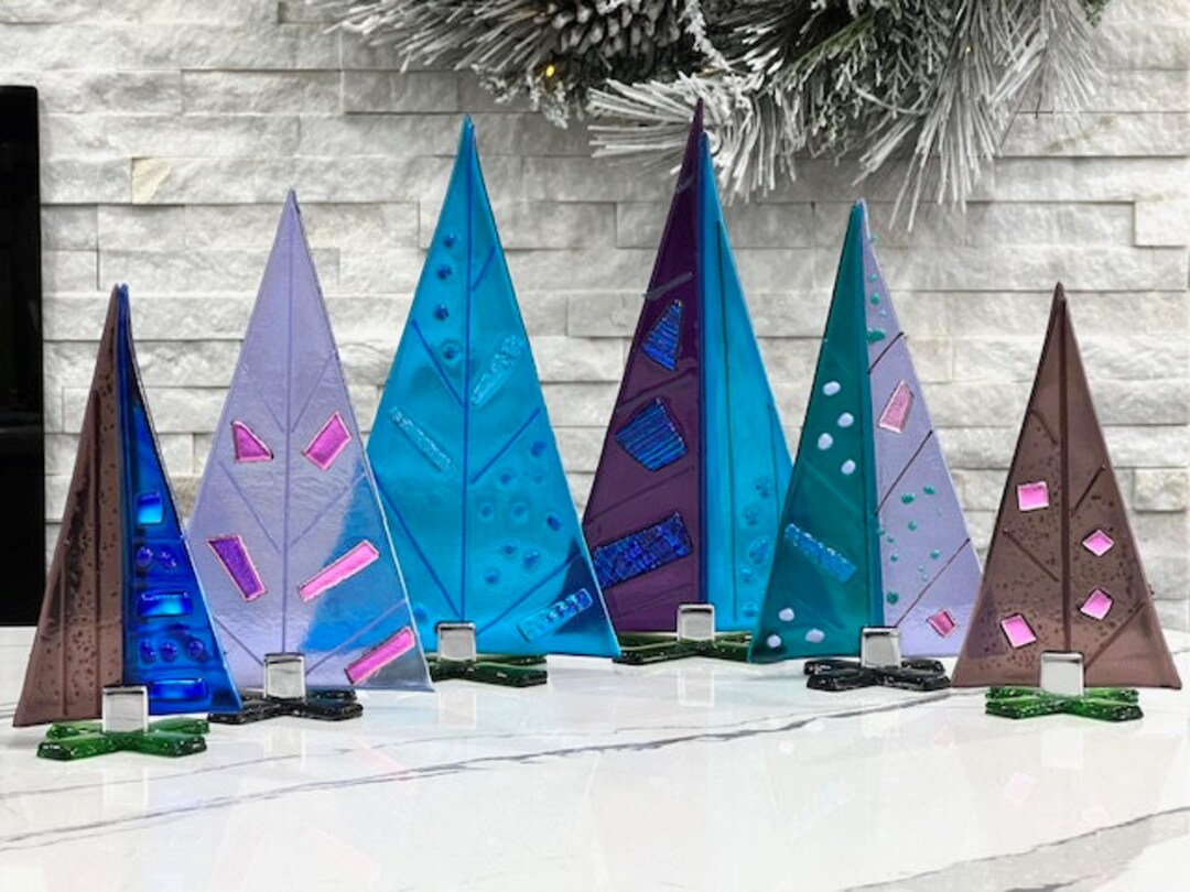 Mid Century Modern Enchanted Forest Christmas Trees Fused Glass Art Set
