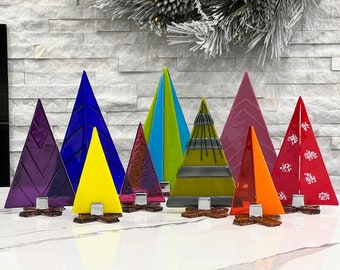 Charlie Brown Mid Century Modern Christmas Trees Fused Glass Art Set of 9 Rainbow Hand Made by Jameson Marden #1