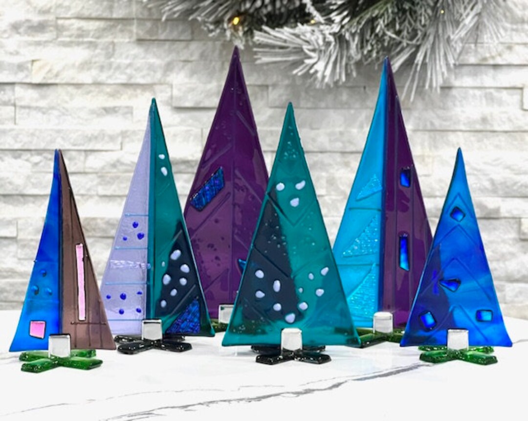 Mid Century Modern Enchanted Forest Christmas Trees Fused Glass Art Set