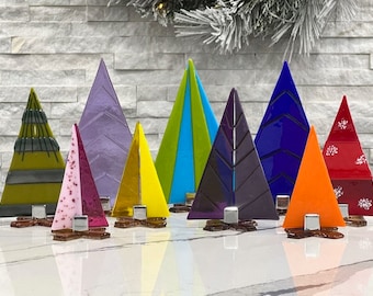 Charlie Brown Mid Century Modern Christmas Trees Fused Glass Art Set of 9 Rainbow Hand Made by Jameson Marden #2