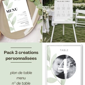Peut inclure: Ensemble de papeterie de mariage comprenant un menu, un plan de table et un numéro de table. Les créations présentent un style minimaliste avec des accents de feuilles vertes et les noms "Daniel & Lucie". Le numéro de table affiche une photo et le chiffre 4.